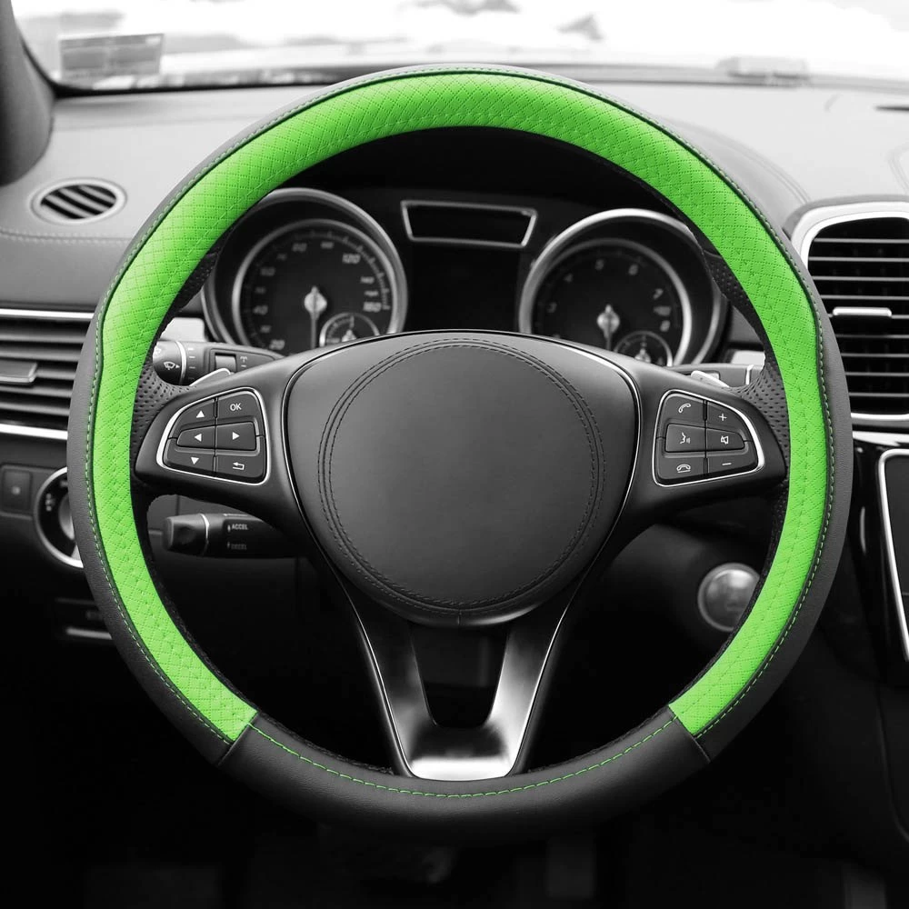 FH Group® CIFH2009-GREEN - Geometric Chic Genuine Leather Green Steering Wheel Cover - Image 3