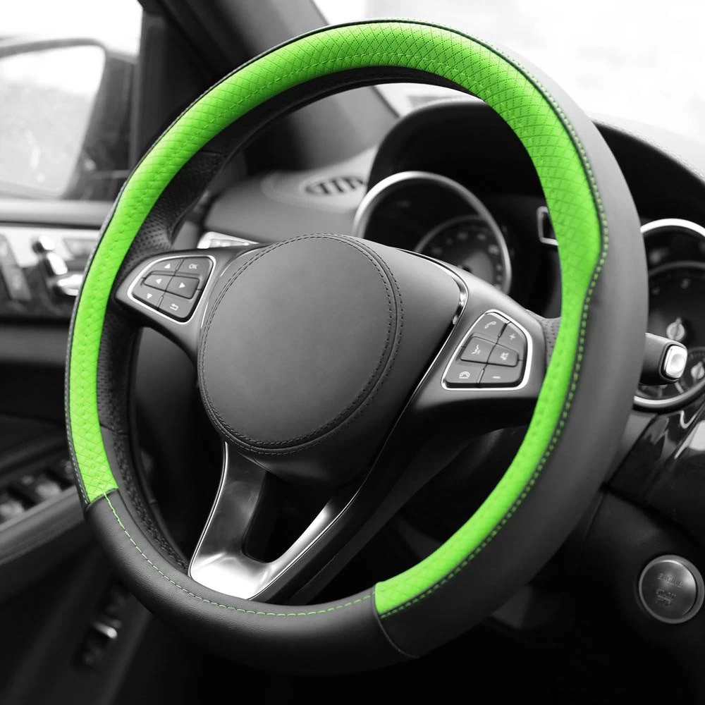 FH Group® CIFH2009-GREEN - Geometric Chic Genuine Leather Green Steering Wheel Cover - Image 4