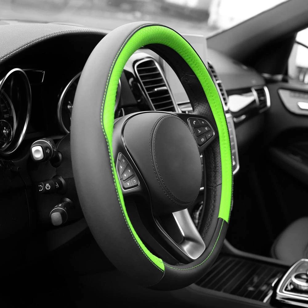 FH Group® CIFH2009-GREEN - Geometric Chic Genuine Leather Green Steering Wheel Cover - Image 5