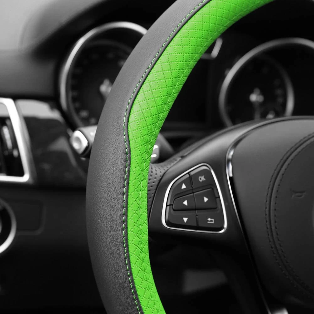 FH Group® CIFH2009-GREEN - Geometric Chic Genuine Leather Green Steering Wheel Cover - Image 7